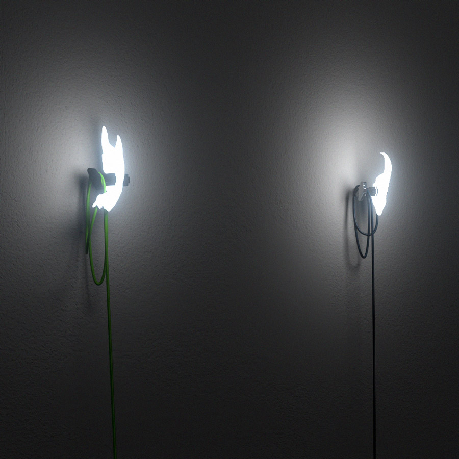 Ghost light, talon sconce Ghost Light (chelae and talon sconces) studio view, 2019, bulbs on